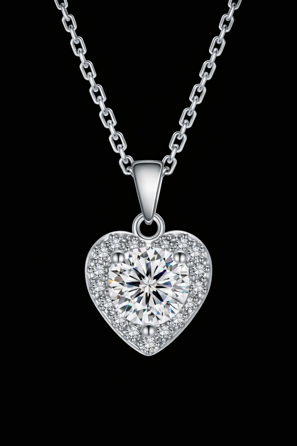 ✨ Lănțișor cu pandantiv inimă – Moissanite.Argint. Placat cu Aur alb.